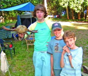 Marcus, Jake Abel and Mike Jr showing off the spoils – a nice, juicy crab.